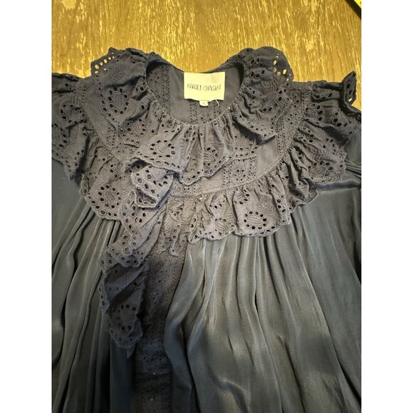 Nikki Chasin Small Sonnet Dress Ruffle Collar Cuff Eyelet Button Maxi Silky Navy - Picture 12 of 15